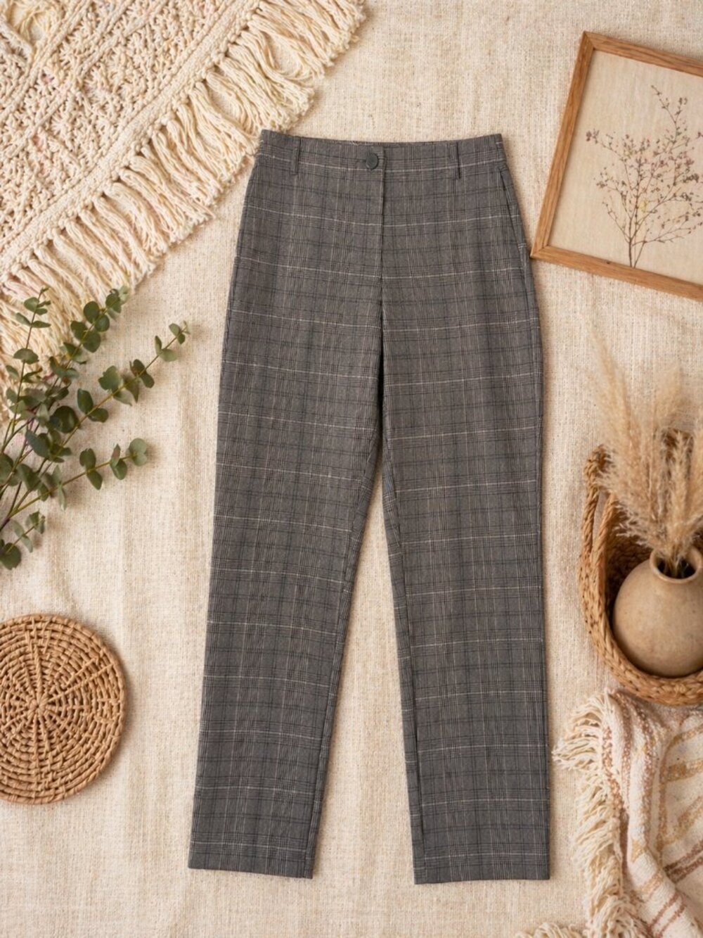 Straight Leg Plaid Dress Pants - Gray